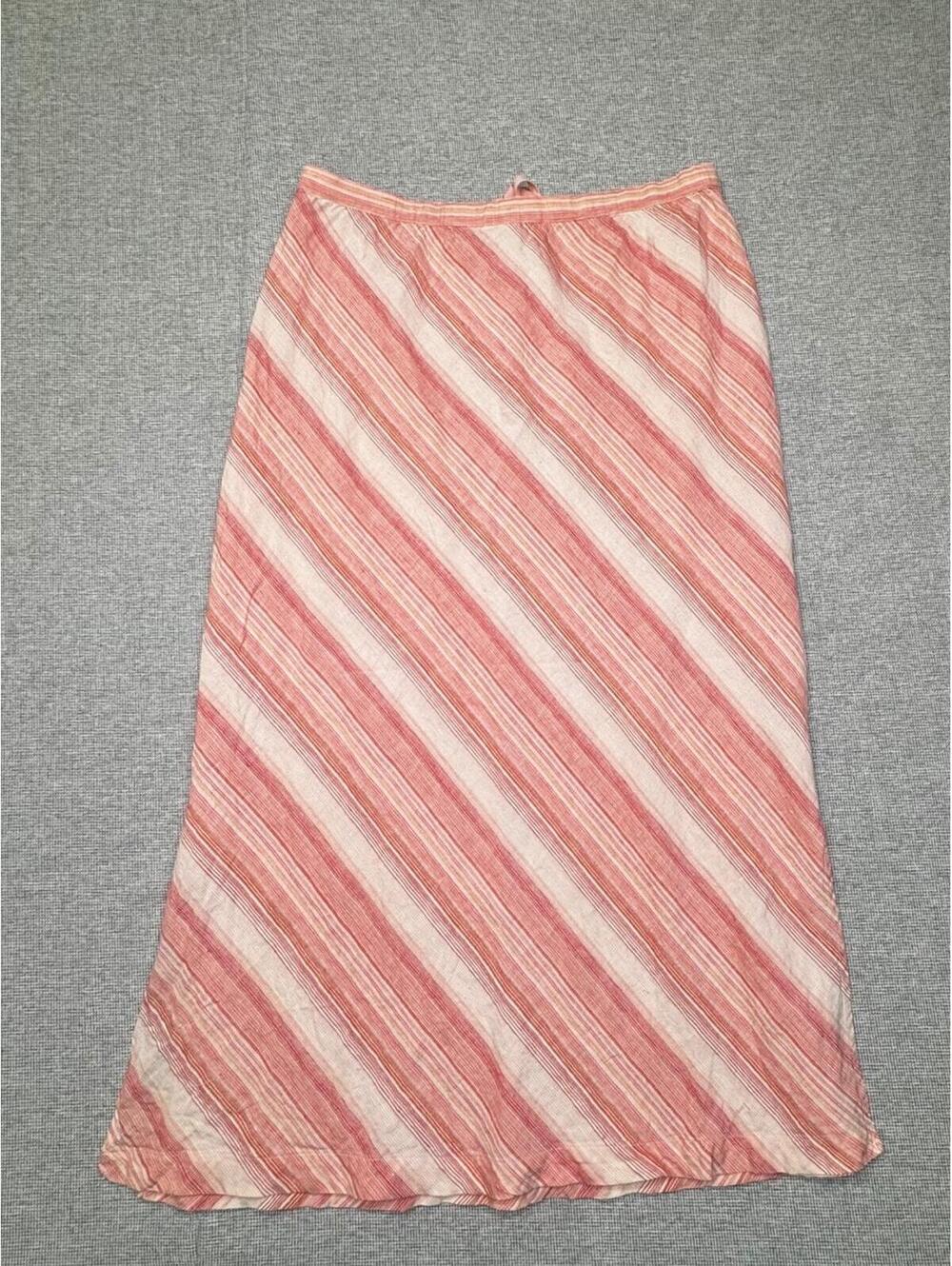 Linden Hill 100% Linen Pink White Striped Wrap Tie Front Midi Skirt Size M - Picture 2 of 5